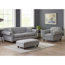 Xample Bordeaux Button Back Grey Fabric 3-Seater Sofa - Tufted Scroll Arms, Foam Cushions, Solid Wood Legs, Accent Pillows Included - thumbnail 6