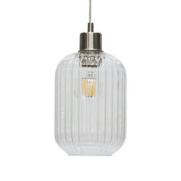 First Choice Lighting Batley - Clear Ribbed Glass With Satin Nickel Pendant Fitting - thumbnail 2