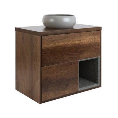 Homestylestore Dark Oak 800mm Wall Hung Bathroom Vanity Unit Round Pebble Countertop Basin Open Shelf - image 1
