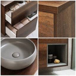 Homestylestore Dark Oak 800mm Wall Hung Bathroom Vanity Unit Round Pebble Countertop Basin Open Shelf - thumbnail 2
