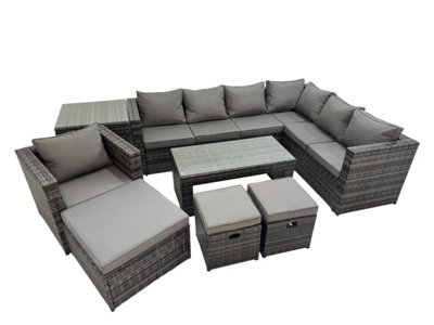 Fimous Outdoor Rattan Oblong Coffee Table Corner Sofa Sets Garden Furniture Set With Chair 3 Stool Side Table Dark Grey Mixed - image 1