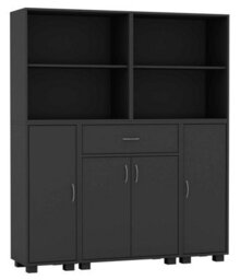 Urbn-Living Urbnliving Height 140Cm 4 Door 4 Shelf Black Bookshelf 1 Drawer Storage Cabinet Bookcase Cupboard Display Unit - thumbnail 2