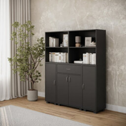 Urbn-Living Urbnliving Height 140Cm 4 Door 4 Shelf Black Bookshelf 1 Drawer Storage Cabinet Bookcase Cupboard Display Unit - thumbnail 3