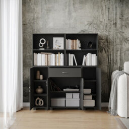 Urbn-Living Urbnliving Height 140Cm 4 Door 4 Shelf Black Bookshelf 1 Drawer Storage Cabinet Bookcase Cupboard Display Unit - thumbnail 4