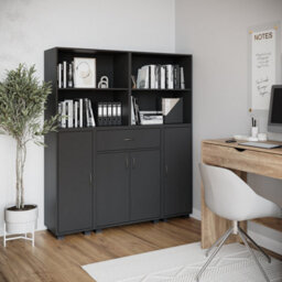 Urbn-Living Urbnliving Height 140Cm 4 Door 4 Shelf Black Bookshelf 1 Drawer Storage Cabinet Bookcase Cupboard Display Unit - thumbnail 5