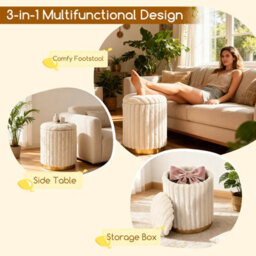 Gainoom Set Of 2 Modern Ottoman 32L + 21L Bunny Hair Upholstered Round Ottomans W/ Detachable Lids - thumbnail 8