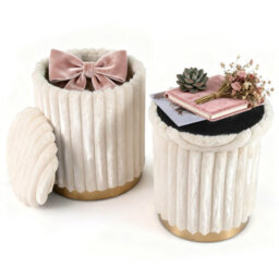 Gainoom Set Of 2 Modern Ottoman 32L + 21L Bunny Hair Upholstered Round Ottomans W/ Detachable Lids - thumbnail 1