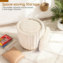 Gainoom Set Of 2 Modern Ottoman 32L + 21L Bunny Hair Upholstered Round Ottomans W/ Detachable Lids - thumbnail 5