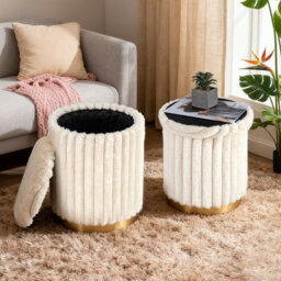 Gainoom Set Of 2 Modern Ottoman 32L + 21L Bunny Hair Upholstered Round Ottomans W/ Detachable Lids - thumbnail 3