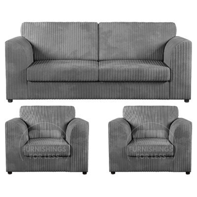 Furnishings For Less UK Luxor Jumbo Cord 3 + 1 + 1 Fabric 3 Piece Sofa Suite - Fullback Grey - image 1