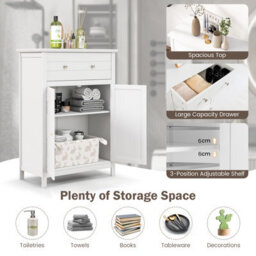 Costway Bathroom Floor Cabinet Freestanding Storage Cupboard With Double Door-White - thumbnail 7