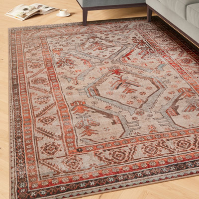 Loomed Neutral Terracotta Beige Vintage Distressed Washable Living Room Area Rug 80Cm X 150Cm - image 1