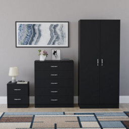 Lassic Vida Designs Riano 3 Piece Bedroom Set (2 Drawer Bedside Chest, 5 Drawer Chest, 2 Door Wardrobe) Black (4) - thumbnail 5