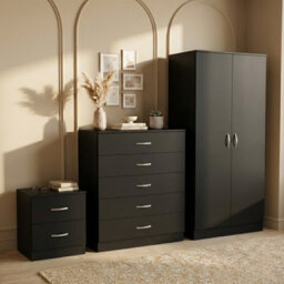 Lassic Vida Designs Riano 3 Piece Bedroom Set (2 Drawer Bedside Chest, 5 Drawer Chest, 2 Door Wardrobe) Black (4) - thumbnail 2