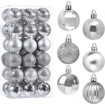 Amorly 36Pcs Silver Christmas Ball Ornaments, 1.6 Inch Shatterproof Plastic Baubles In 6 Styles, Hanging Pendants For Xmas Tree Decor - image 1