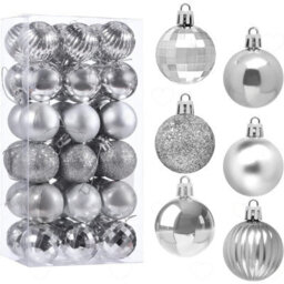 Amorly 36Pcs Silver Christmas Ball Ornaments, 1.6 Inch Shatterproof Plastic Baubles In 6 Styles, Hanging Pendants For Xmas Tree Decor - thumbnail 1