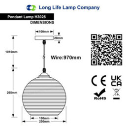 Long Life Lamps Company Modern Ceiling Globe Glass Pendant Lamp Shade Clear Rib H3026 - thumbnail 2
