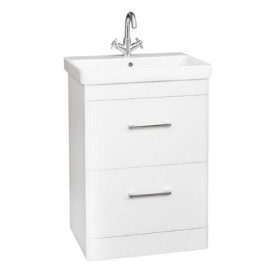 Clifton 500mm Madison Floor Standing 2 Drawer Unit & Ceramic Basin - White Gloss