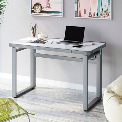 Tresanti Aurora Adjustable Height Desk With White Glass Top, Led Lights, Usb Ports, Drawer & Illumitouch Control Panel - image 1