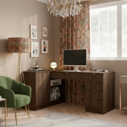 Tireno Okapi Walnut Corner Desk With Fluted Drawers Modern Computer Desk For Home Office Study Bedroom And Teen Room