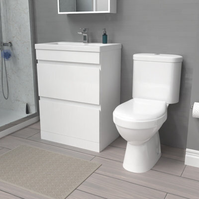 Nes Home 600mm 2 Drawers White Basin Vanity Unit & Close Coupled Toilet - image 1