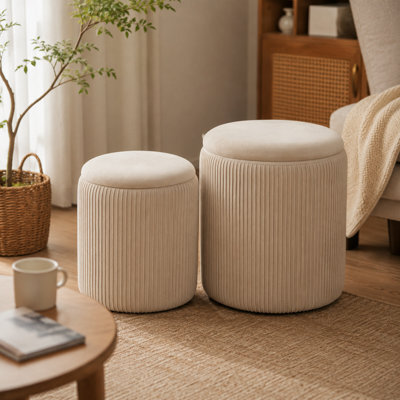 Living And Home Set Of 2 Modern Round Beige Fleece Storage Ottomans With Hidden Storage, Beige - image 1