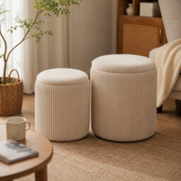 Living And Home Set Of 2 Modern Round Beige Fleece Storage Ottomans With Hidden Storage, Beige - thumbnail 1