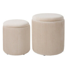 Living And Home Set Of 2 Modern Round Beige Fleece Storage Ottomans With Hidden Storage, Beige - thumbnail 2