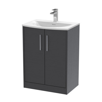 Hudson Reed Juno Floor Standing 2 Soft Close Door Vanity Unit With Curved 1 Tap Hole Basin In Graphite Grey Woodgrain, 600mm - image 1