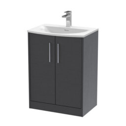 Hudson Reed Juno Floor Standing 2 Soft Close Door Vanity Unit With Curved 1 Tap Hole Basin In Graphite Grey Woodgrain, 600mm - thumbnail 4