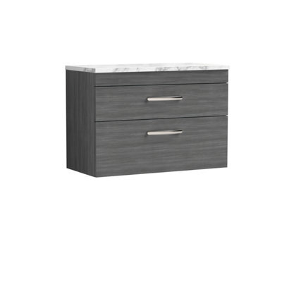Nuie Athena Wall Hung 2-Drawer Vanity Unit With Laminate Worktop In Carrera Marble