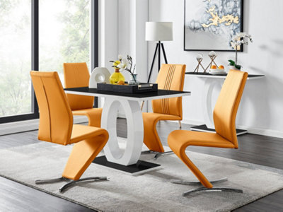 Furniturebox Giovani Rectangular 4 Seat White High Gloss Unique Halo Base Dining Table Black Glass Top 4 Mustard Faux Leather Willow Chairs - image 1