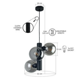 Luminosa Lighting Luminosa Tube Globe Pendant Ceiling Light Black Smoky Glass Shade 3X E27 - thumbnail 3