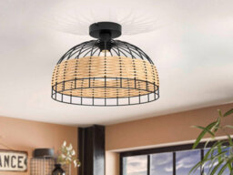 Eglo Anwick 1-Light Flush Ceiling Light - Black Metal & Natural Wicker (D) 38Cm