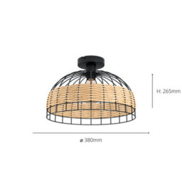 Eglo Anwick 1-Light Flush Ceiling Light - Black Metal & Natural Wicker (D) 38Cm - thumbnail 4