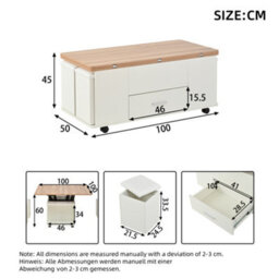 Abrihome White & Wood Convertible Lift-Top Table With 4 Stools, Wheels & Hidden Storage, 100X50X45Cm - thumbnail 7