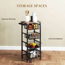 Homcom 4-Tier Kitchen Island On Wheels With 4 Pull-Out Baskets, Oak - thumbnail 4