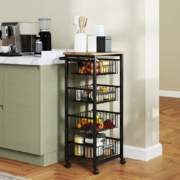 Homcom 4-Tier Kitchen Island On Wheels With 4 Pull-Out Baskets, Oak