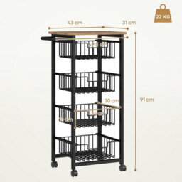 Homcom 4-Tier Kitchen Island On Wheels With 4 Pull-Out Baskets, Oak - thumbnail 3