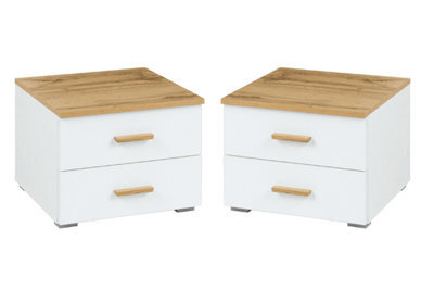 Arte Elegant Pair Of Bedside Cabinets - White Gloss & Oak Wotan Finish For Modern, Organised Bedrooms