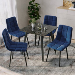 Urbn-Living Urbnliving 5Pcs Crimea Shinny Modern Ceramic Top Dining Table & Blue Velvet Chairs With Metal Legs - thumbnail 2