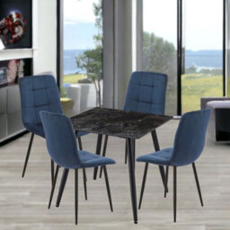 Urbn-Living Urbnliving 5Pcs Crimea Shinny Modern Ceramic Top Dining Table & Blue Velvet Chairs With Metal Legs