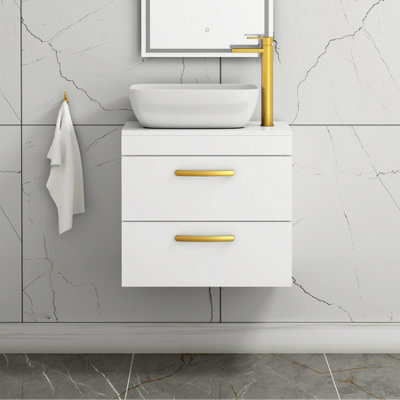 Royal Bathrooms 600mm Wall Hung Vanity Unit 2 Drawer Gloss White & Elva Countertop Basin With Brushed Brass Handle - image 1