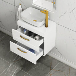 Royal Bathrooms 600mm Wall Hung Vanity Unit 2 Drawer Gloss White & Elva Countertop Basin With Brushed Brass Handle - thumbnail 3