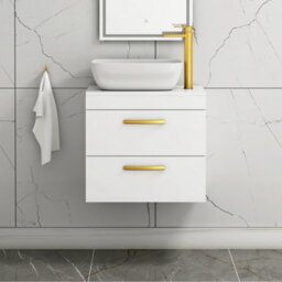 Royal Bathrooms 600mm Wall Hung Vanity Unit 2 Drawer Gloss White & Elva Countertop Basin With Brushed Brass Handle - thumbnail 1