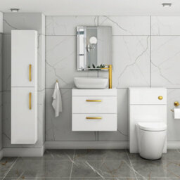 Royal Bathrooms 600mm Wall Hung Vanity Unit 2 Drawer Gloss White & Elva Countertop Basin With Brushed Brass Handle - thumbnail 2