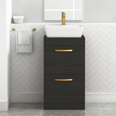 Royal Bathrooms 500mm Floor Standing Vanity Unit 2 Drawer Hale Black & Countertop Basin - Cube With Brushed Brass Handle - image 1