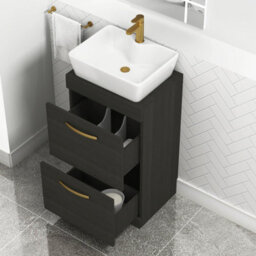 Royal Bathrooms 500mm Floor Standing Vanity Unit 2 Drawer Hale Black & Countertop Basin - Cube With Brushed Brass Handle - thumbnail 3