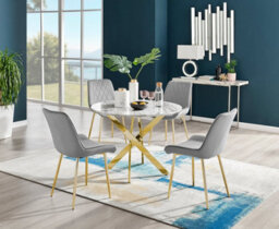 Furniturebox Novara White Marble Effect 100Cm Round Dining Table With Gold Starburst Legs & 4 Grey Velvet Pesaro Chairs