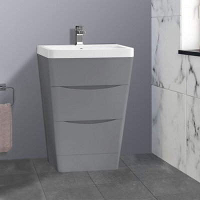Rinse Bathrooms 600mm Gloss Grey Floor Standing 2 Drawer Vanity Unit Basin Bathroom Storage Furniture - image 1